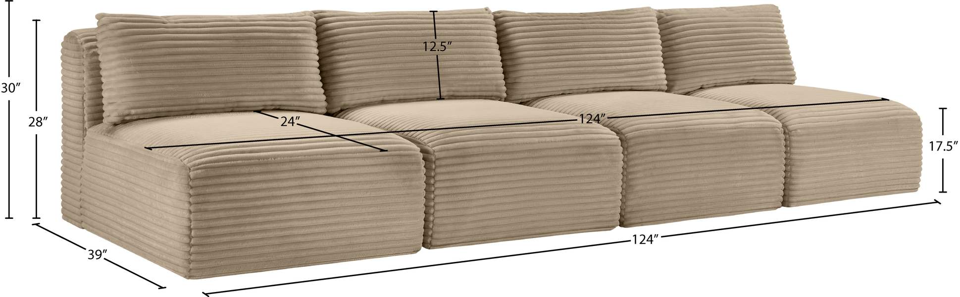 Meridian Furniture - Shaggy 124" Taupe Corduroy Performance Fabric Upholstered 4 pc. Armless Sofa - 641Taupe-S124 - GreatFurnitureDeal