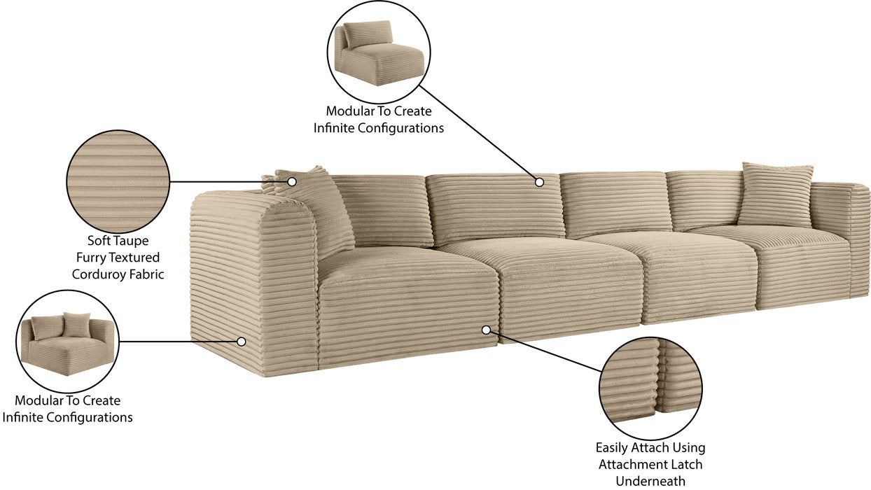Meridian Furniture - Shaggy 140" Taupe Corduroy Performance Fabric Upholstered 4 pc. Sofa - 641Taupe-S140 - GreatFurnitureDeal