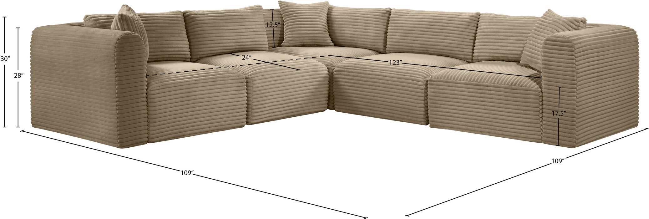 Meridian Furniture - Shaggy 109" Taupe Corduroy Performance Fabric Upholstered 5 pc. Sectional - 641Taupe-Sec5C - GreatFurnitureDeal