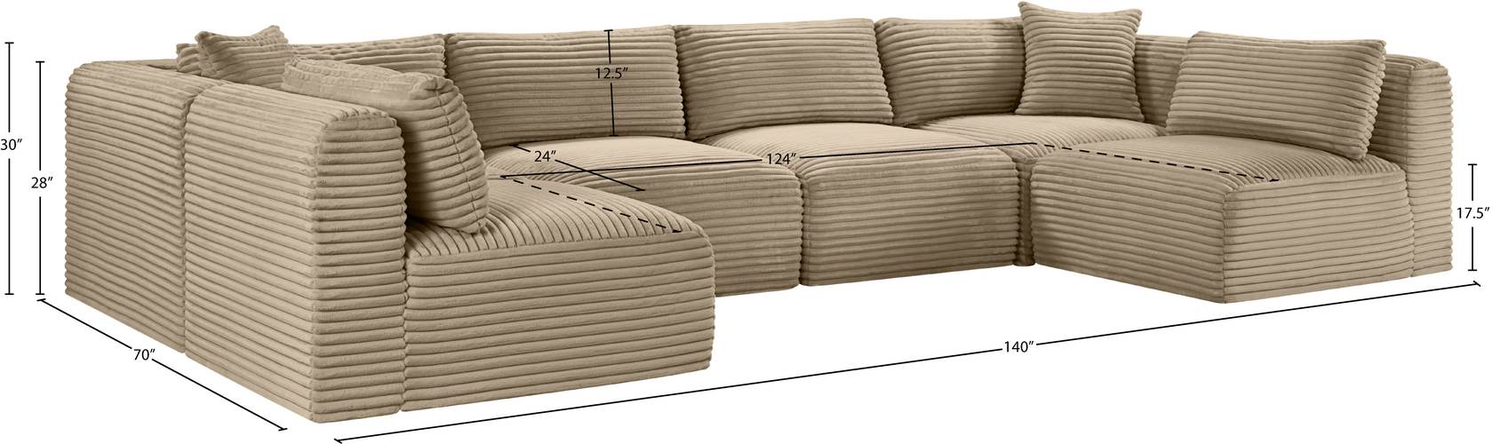 Meridian Furniture - Shaggy 140" Taupe Corduroy Performance Fabric Upholstered 6 pc. Sectional - 641Taupe-Sec6B - GreatFurnitureDeal