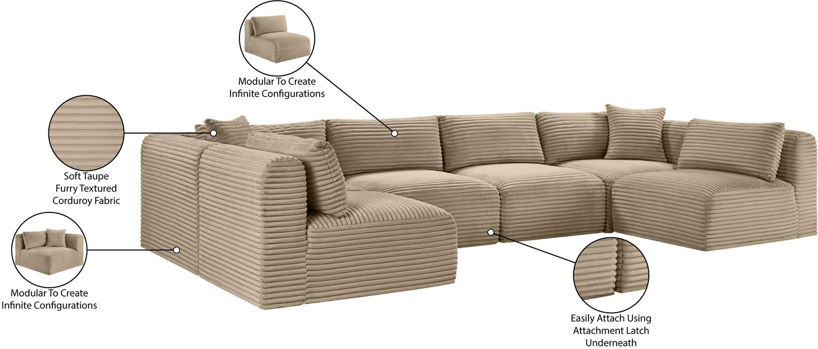 Meridian Furniture - Shaggy 140" Taupe Corduroy Performance Fabric Upholstered 6 pc. Sectional - 641Taupe-Sec6B - GreatFurnitureDeal