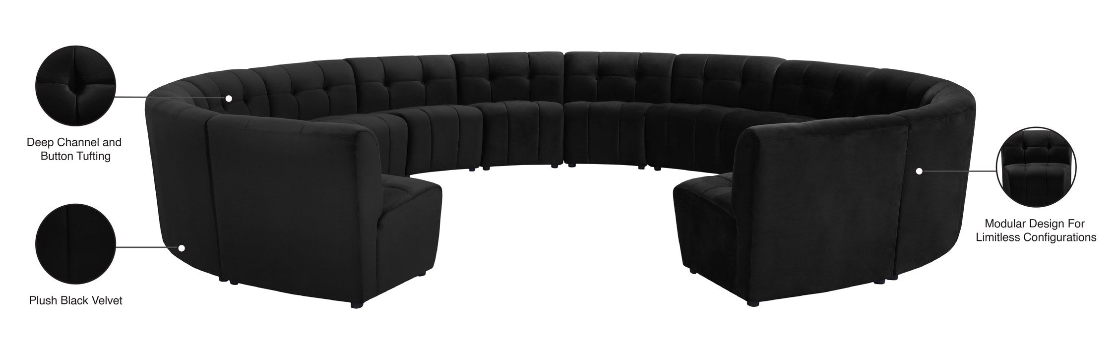 Meridian Furniture - Limitless 177.5" Black Velvet Upholstered 14pc. Sectional - 645Black-14PC - GreatFurnitureDeal