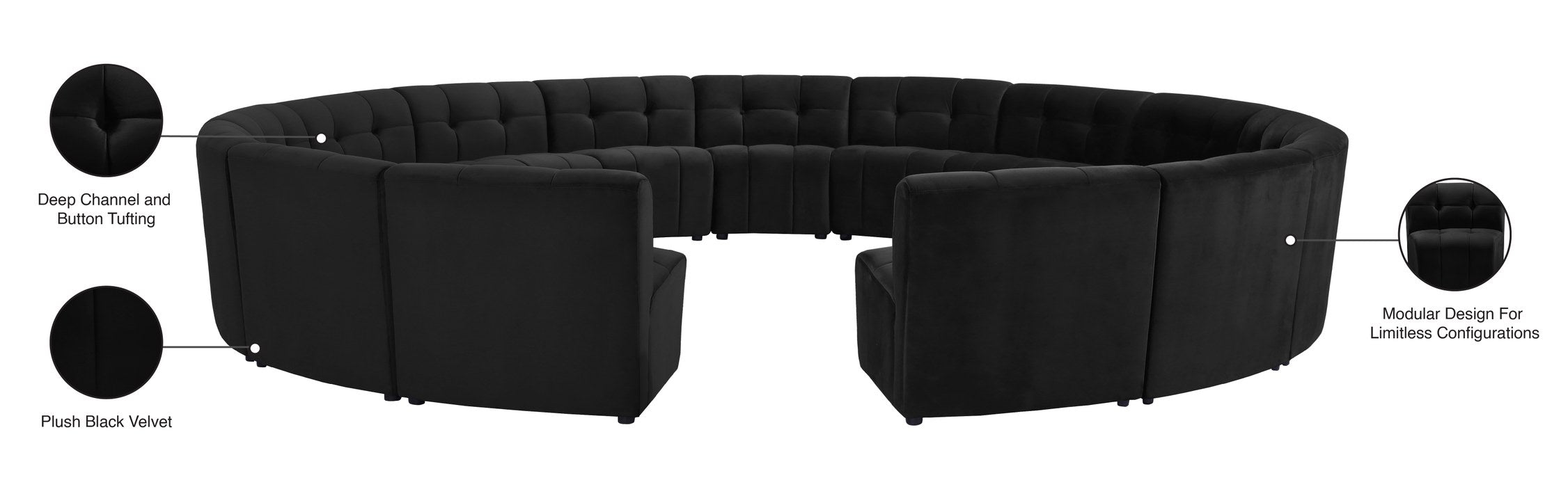 Meridian Furniture - Limitless 177.5" Black Velvet Upholstered 15pc. Sectional - 645Black-15PC - GreatFurnitureDeal