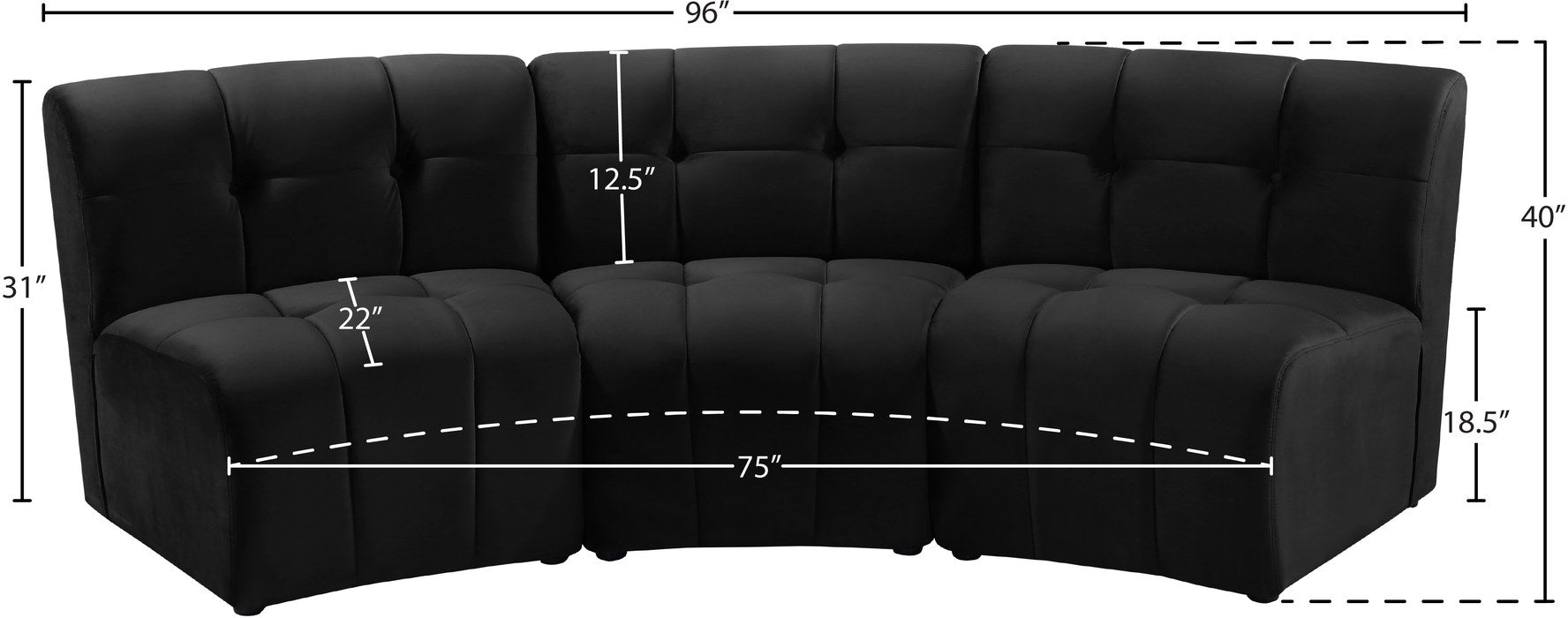 Meridian Furniture - Limitless 94" Black Velvet Upholstered 3pc. Sectional - 645Black-3PC - GreatFurnitureDeal