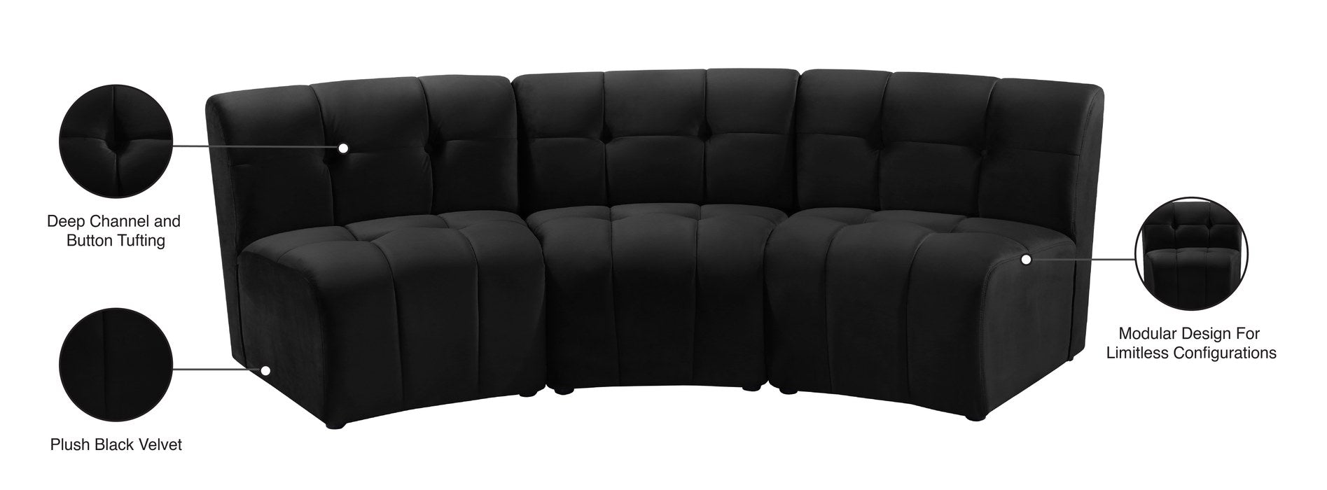 Meridian Furniture - Limitless 94" Black Velvet Upholstered 3pc. Sectional - 645Black-3PC - GreatFurnitureDeal