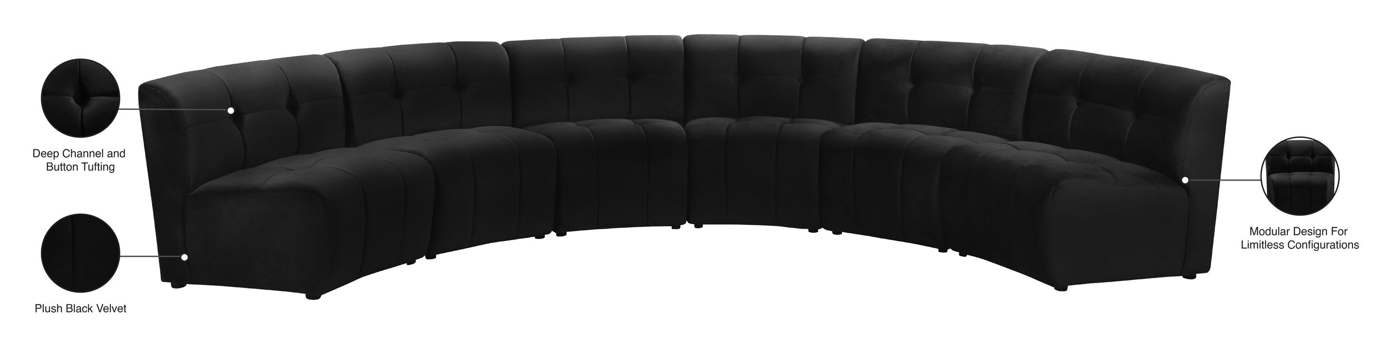 Meridian Furniture - Limitless 157.5" Black Velvet Upholstered 6pc. Sectional - 645Black-6PC - GreatFurnitureDeal
