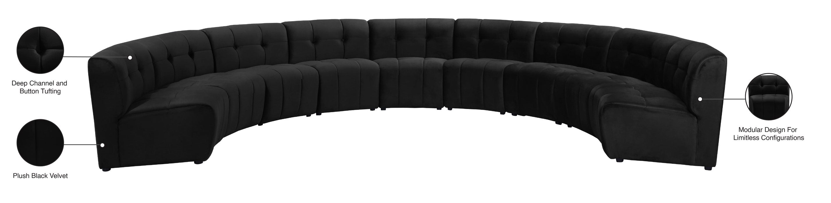 Meridian Furniture - Limitless 177.5" Black Velvet Upholstered 9pc. Sectional - 645Black-9PC - GreatFurnitureDeal