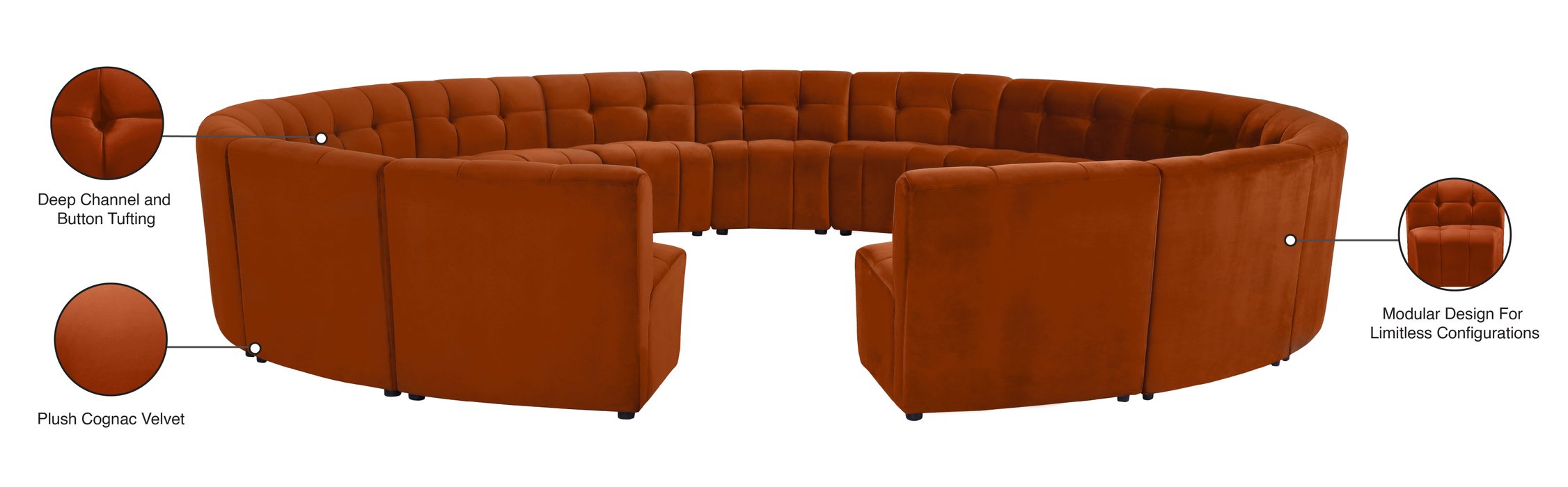 Meridian Furniture - Limitless 177.5" Cognac Velvet Upholstered 15pc. Sectional - 645Cognac-15PC - GreatFurnitureDeal