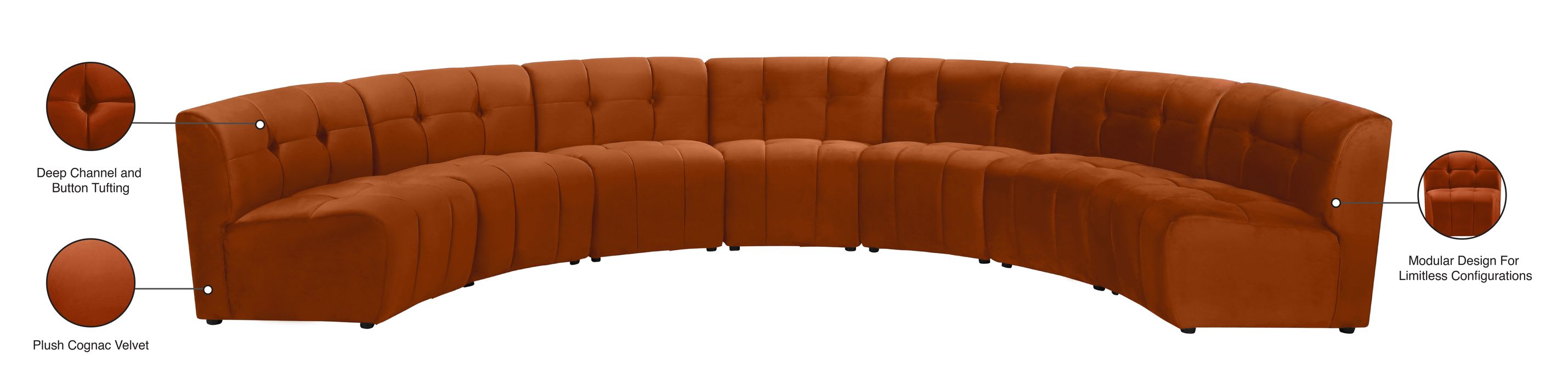 Meridian Furniture - Limitless 169.5" Cognac Velvet Upholstered 7pc. Sectional - 645Cognac-7PC - GreatFurnitureDeal