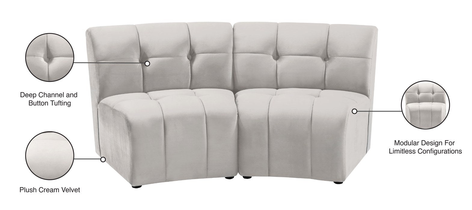 Meridian Furniture - Limitless 65" Cream Velvet Upholstered 2pc. Sectional - 645Cream-2PC - GreatFurnitureDeal