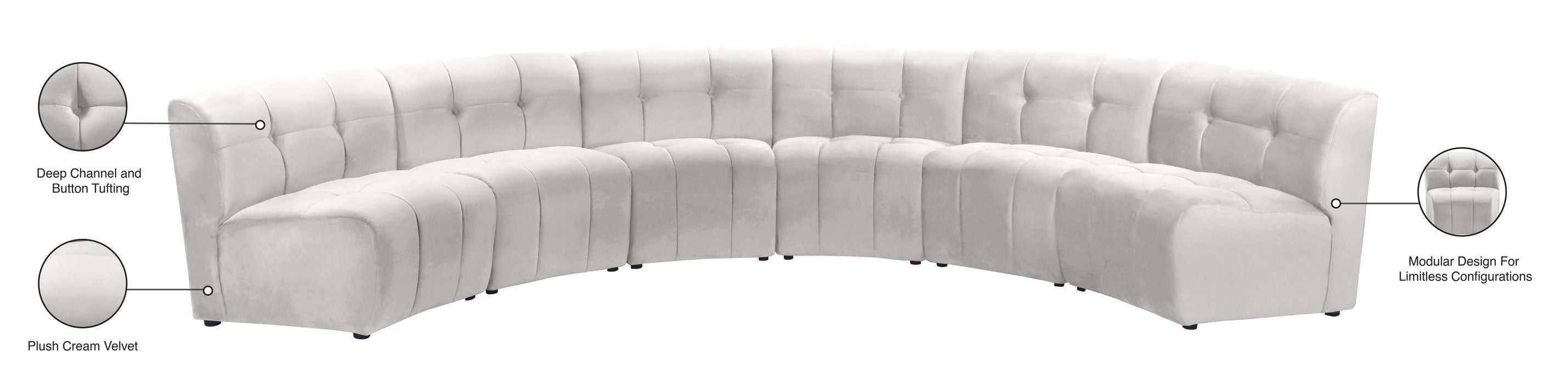 Meridian Furniture - Limitless 157.5" Cream Velvet Upholstered 6pc. Sectional - 645Cream-6PC - GreatFurnitureDeal