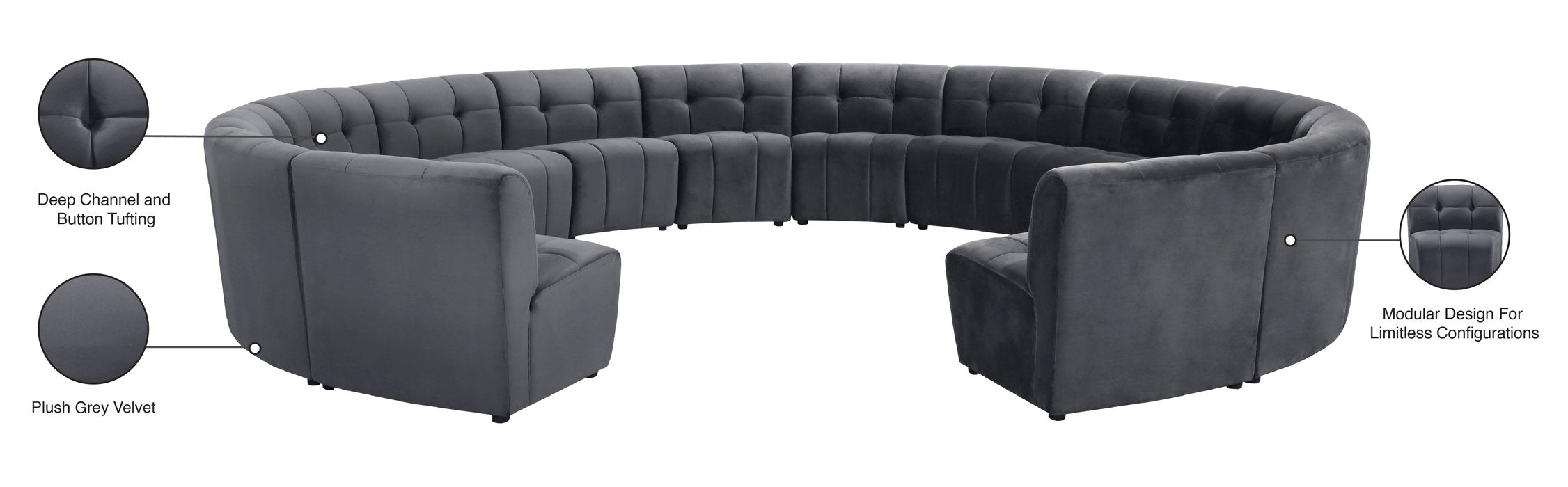 Meridian Furniture - Limitless 177.5" Grey Velvet Upholstered 14pc. Sectional - 645Grey-14PC - GreatFurnitureDeal