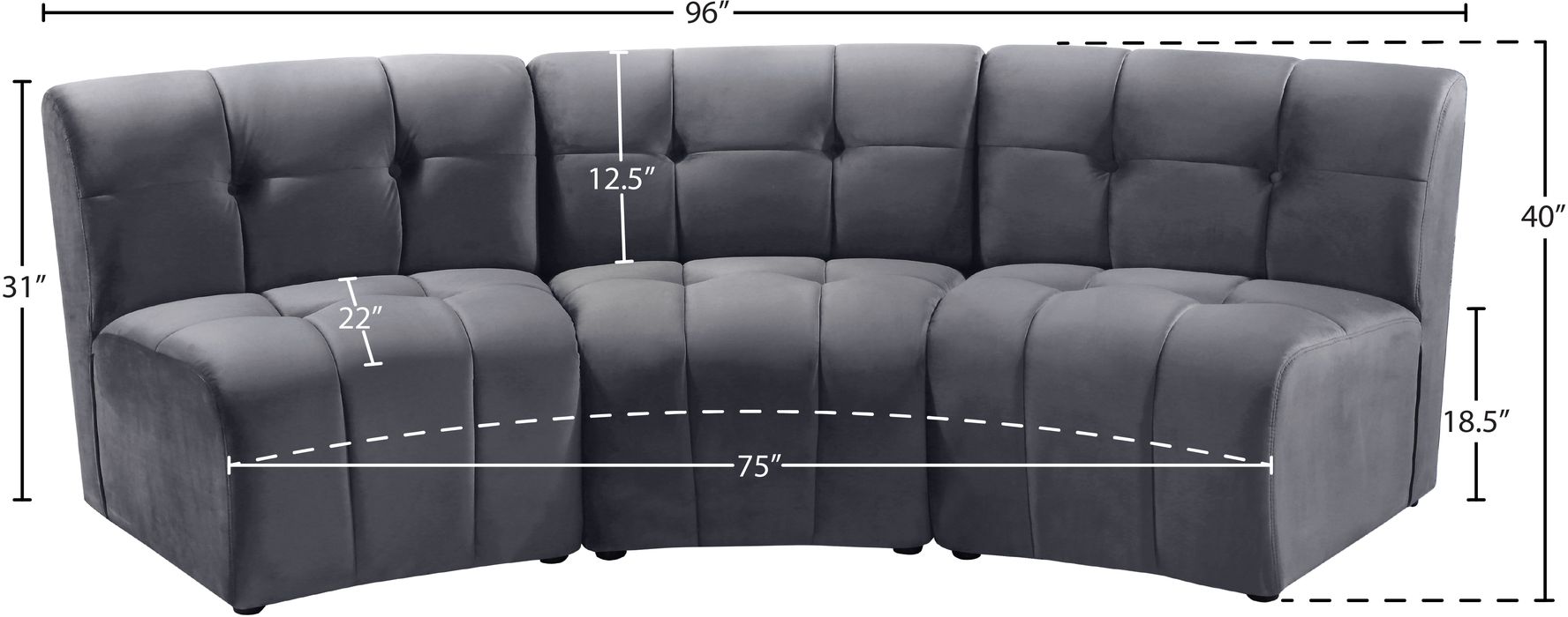 Meridian Furniture - Limitless 94" Grey Velvet Upholstered 3pc. Sectional - 645Grey-3PC - GreatFurnitureDeal