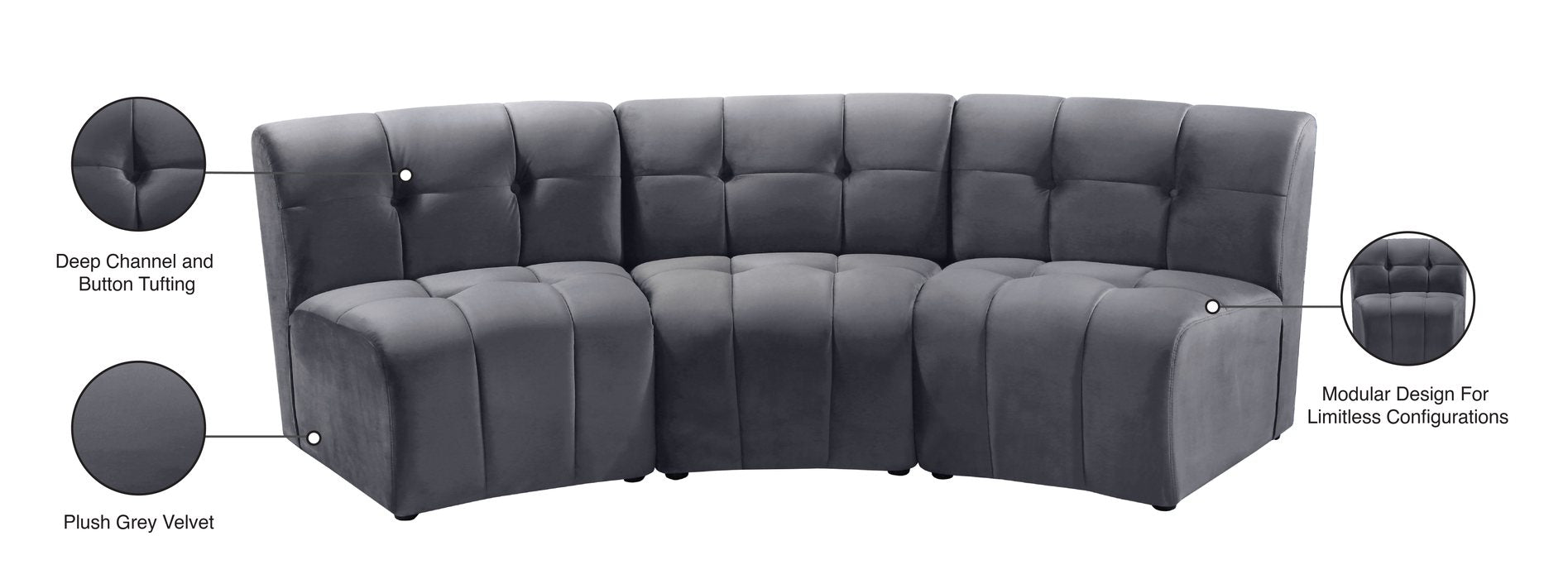 Meridian Furniture - Limitless 94" Grey Velvet Upholstered 3pc. Sectional - 645Grey-3PC - GreatFurnitureDeal