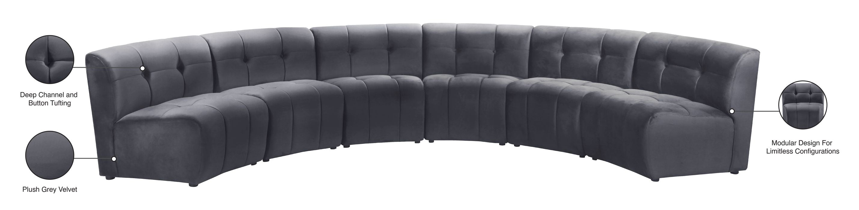 Meridian Furniture - Limitless 157.5" Grey Velvet Upholstered 6pc. Sectional - 645Grey-6PC - GreatFurnitureDeal