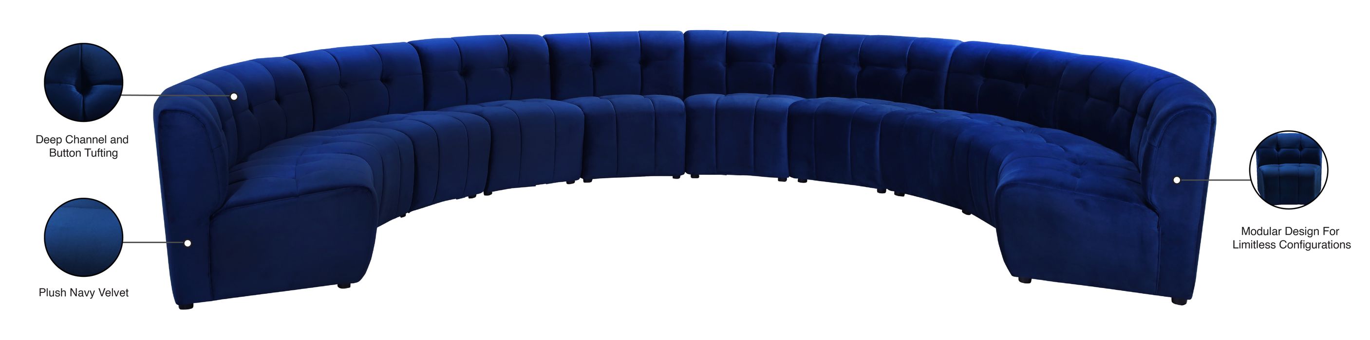 Meridian Furniture - Limitless 177.5" Navy Velvet Upholstered 10pc. Sectional - 645Navy-10PC - GreatFurnitureDeal