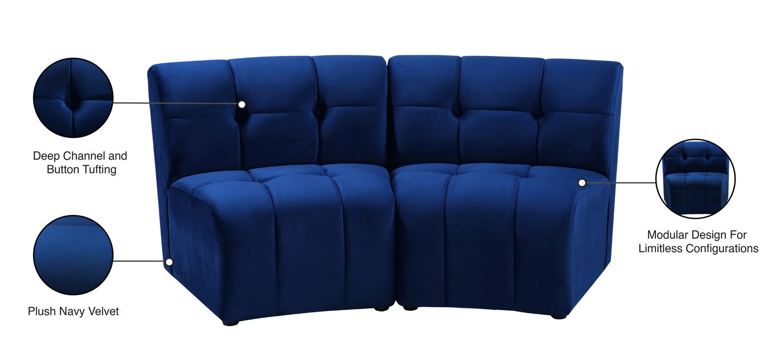 Meridian Furniture - Limitless 65" Navy Velvet Upholstered 2pc. Sectional - 645Navy-2PC - GreatFurnitureDeal
