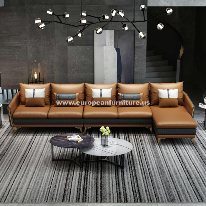 European Furniture - Icaro Mansion RHF Sectional Cognac & Gray Italian Leather - EF-64438R-5RHF - GreatFurnitureDeal