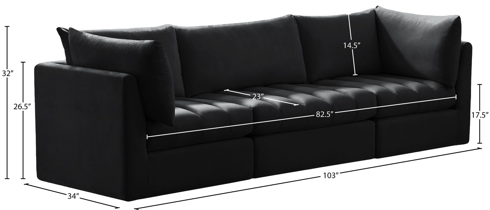 Meridian Furniture - Jacob 103" Black Velvet Upholstered 3pc. Sofa - 649Black-S103 - GreatFurnitureDeal
