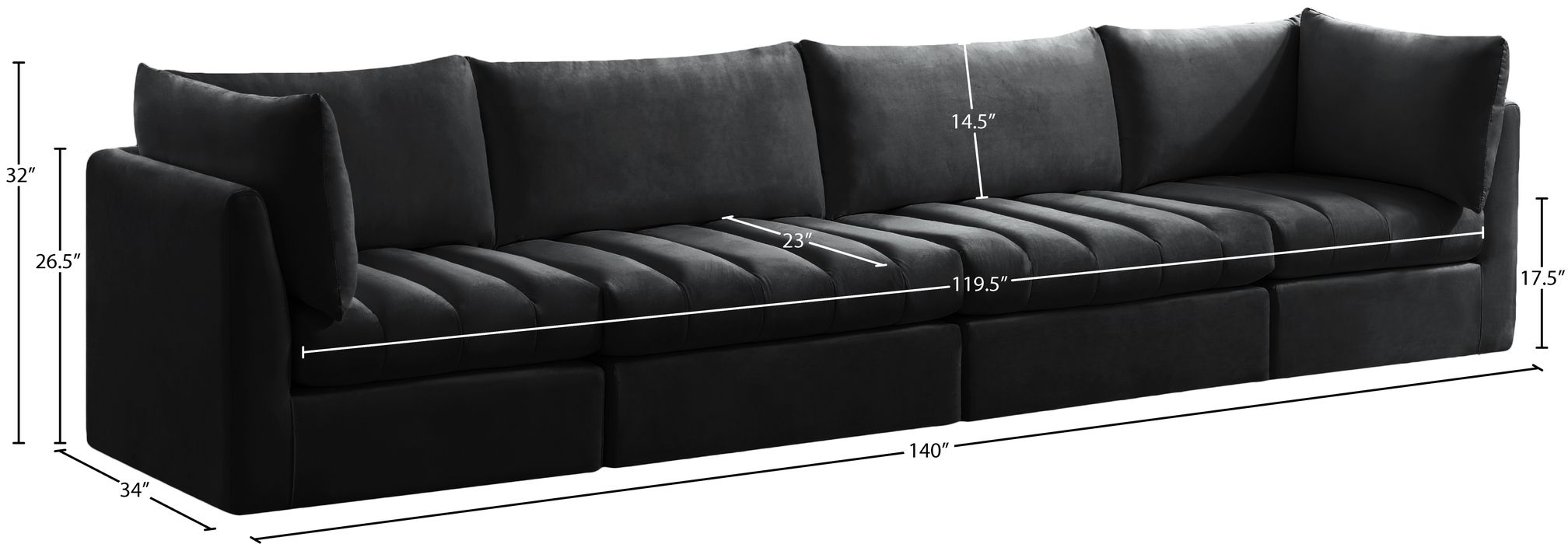 Meridian Furniture - Jacob 140" Black Velvet Upholstered 4pc. Sofa - 649Black-S140 - GreatFurnitureDeal