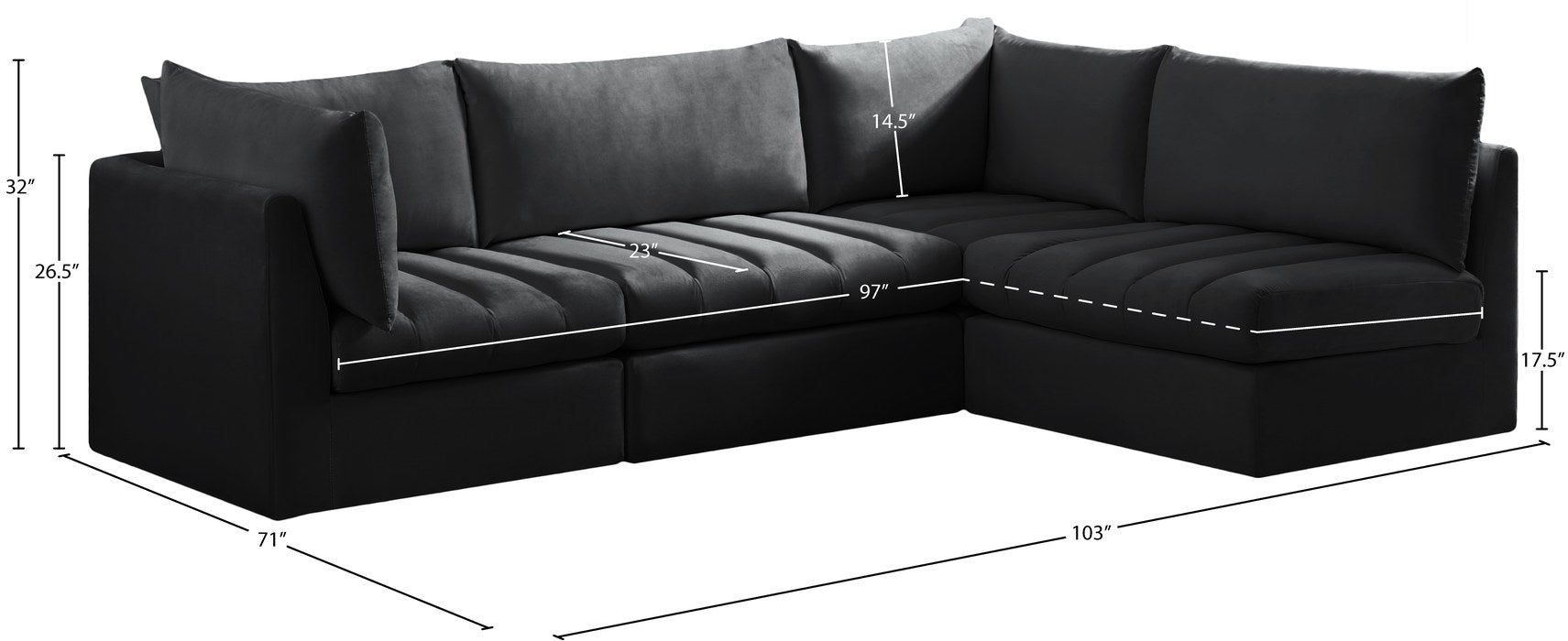 Meridian Furniture - Jacob 103" Black Velvet Upholstered 4pc. Sectional - 649Black-Sec4A - GreatFurnitureDeal