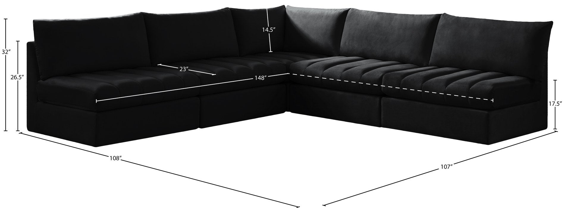 Meridian Furniture - Jacob 107" Black Velvet Upholstered 5pc. Sectional - 649Black-Sec5B - GreatFurnitureDeal
