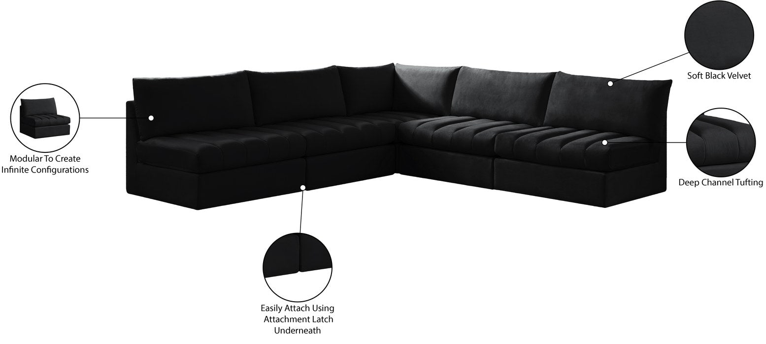 Meridian Furniture - Jacob 107" Black Velvet Upholstered 5pc. Sectional - 649Black-Sec5B - GreatFurnitureDeal