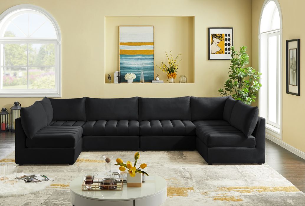 Meridian Furniture - Jacob 140" Black Velvet Upholstered 6pc. Sectional - 649Black-Sec6B - GreatFurnitureDeal
