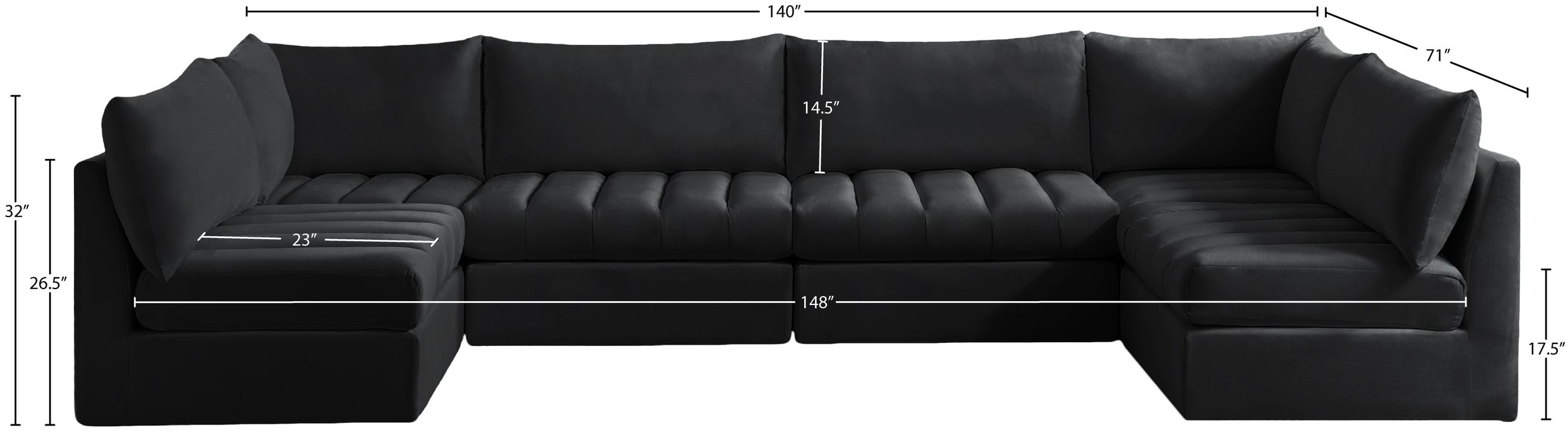 Meridian Furniture - Jacob 140" Black Velvet Upholstered 6pc. Sectional - 649Black-Sec6B - GreatFurnitureDeal