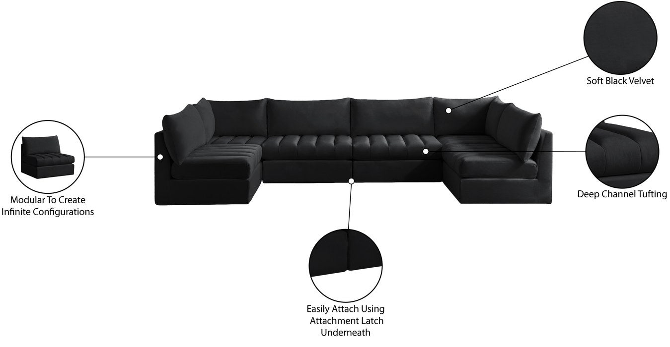 Meridian Furniture - Jacob 140" Black Velvet Upholstered 6pc. Sectional - 649Black-Sec6B - GreatFurnitureDeal