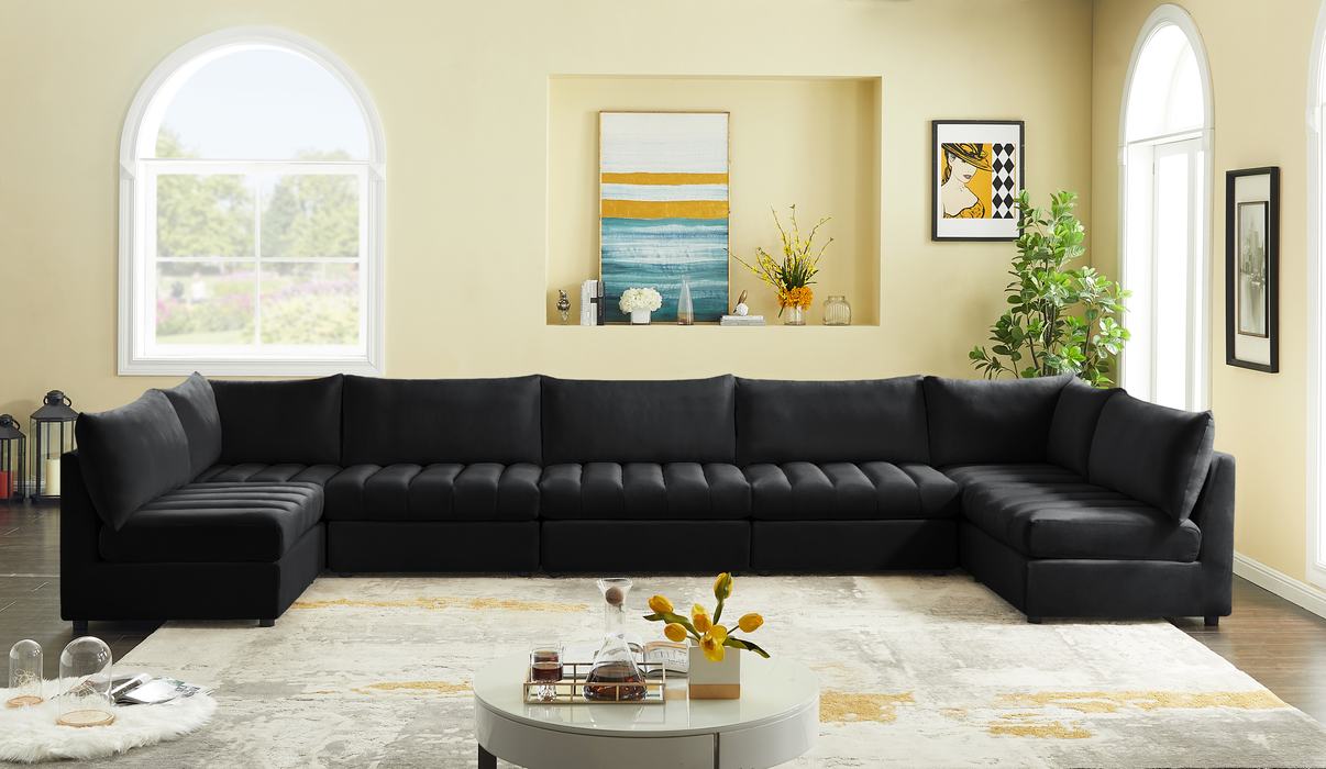Meridian Furniture - Jacob 177" Black Velvet Upholstered 7pc. Sectional - 649Black-Sec7C - GreatFurnitureDeal