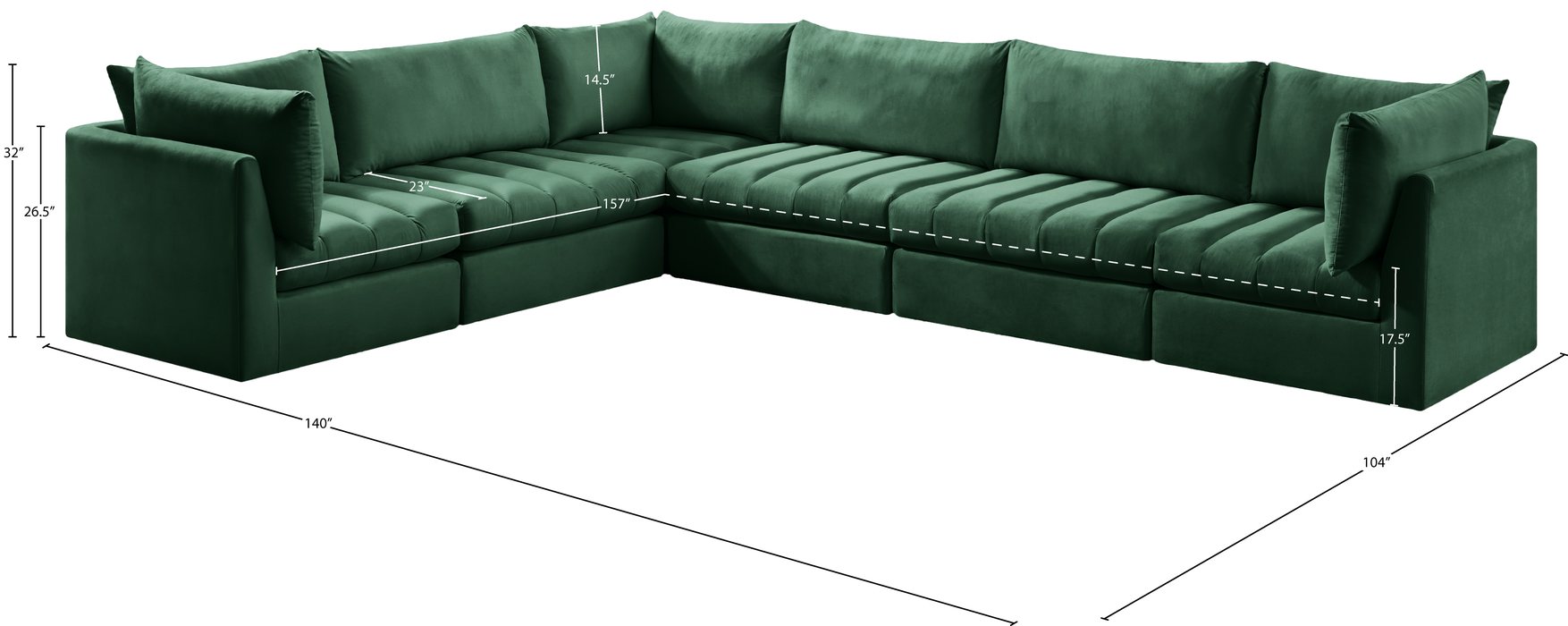 Meridian Furniture - Jacob 140" Green Velvet Upholstered 6pc. Sectional - 649Green-Sec6A - GreatFurnitureDeal