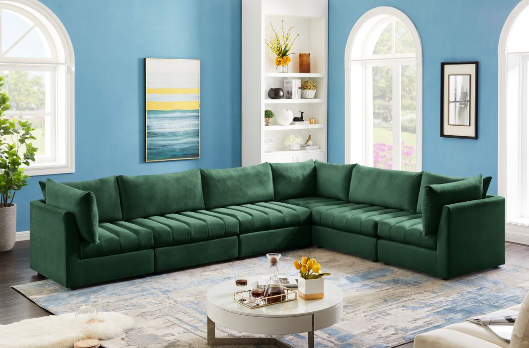 Meridian Furniture - Jacob 140" Green Velvet Upholstered 6pc. Sectional - 649Green-Sec6A - GreatFurnitureDeal