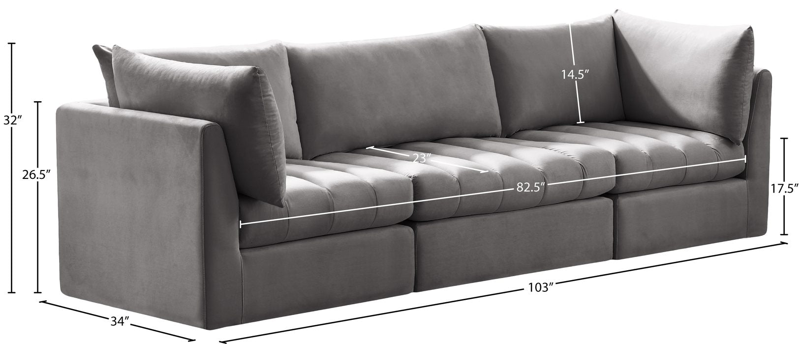 Meridian Furniture - Jacob 103" Grey Velvet Upholstered 3pc. Sofa - 649Grey-S103 - GreatFurnitureDeal