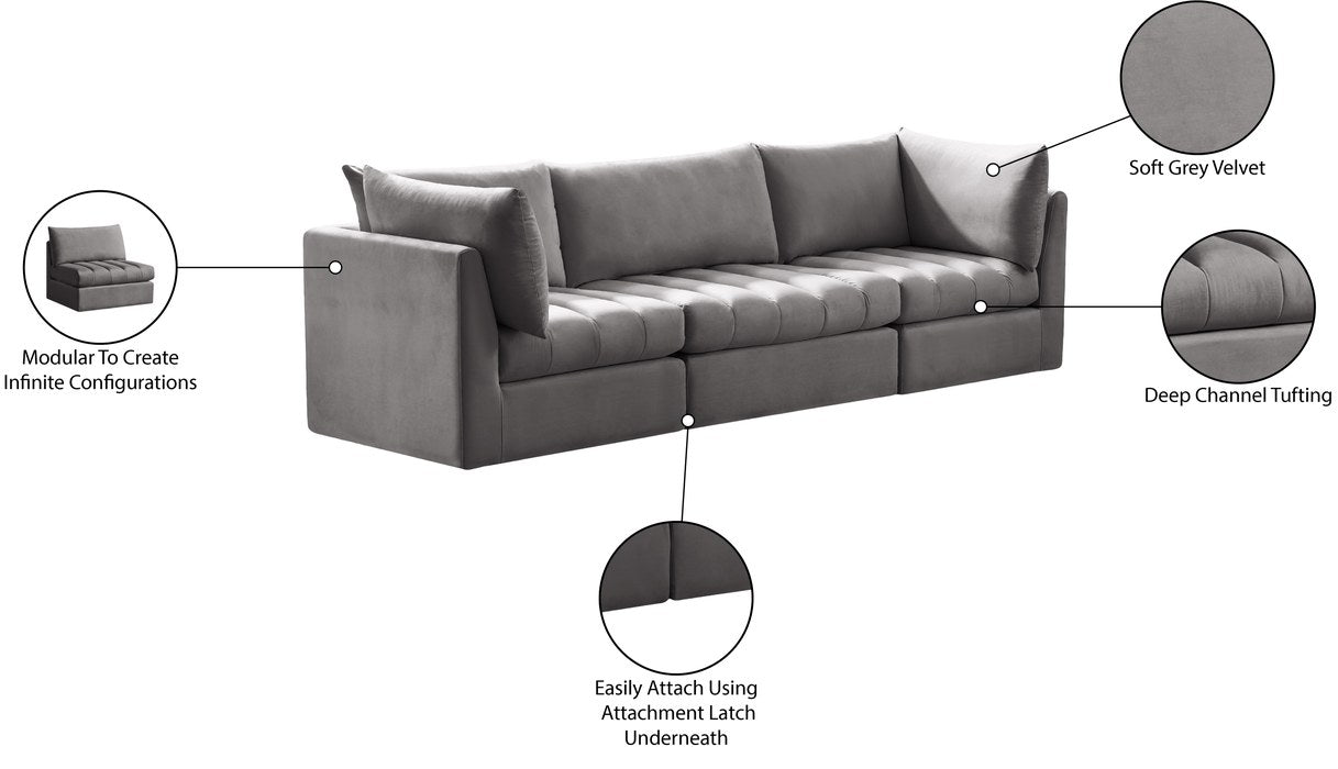 Meridian Furniture - Jacob 103" Grey Velvet Upholstered 3pc. Sofa - 649Grey-S103 - GreatFurnitureDeal