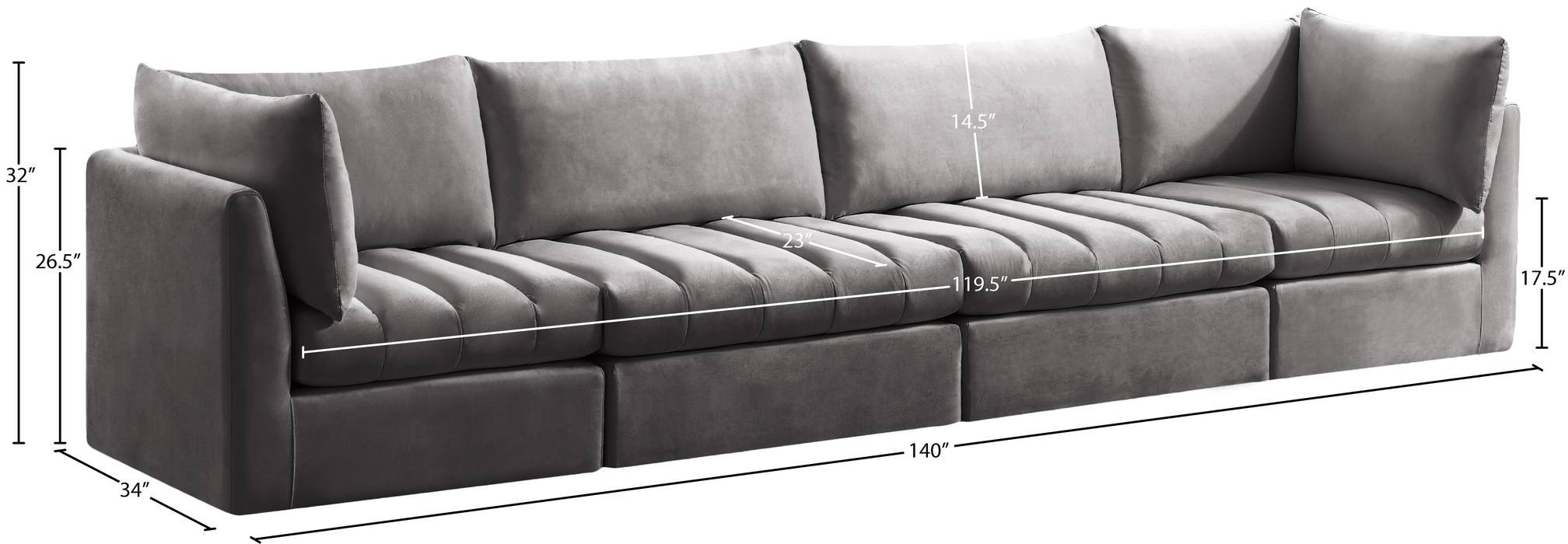 Meridian Furniture - Jacob 140" Grey Velvet Upholstered 4pc. Sofa - 649Grey-S140 - GreatFurnitureDeal