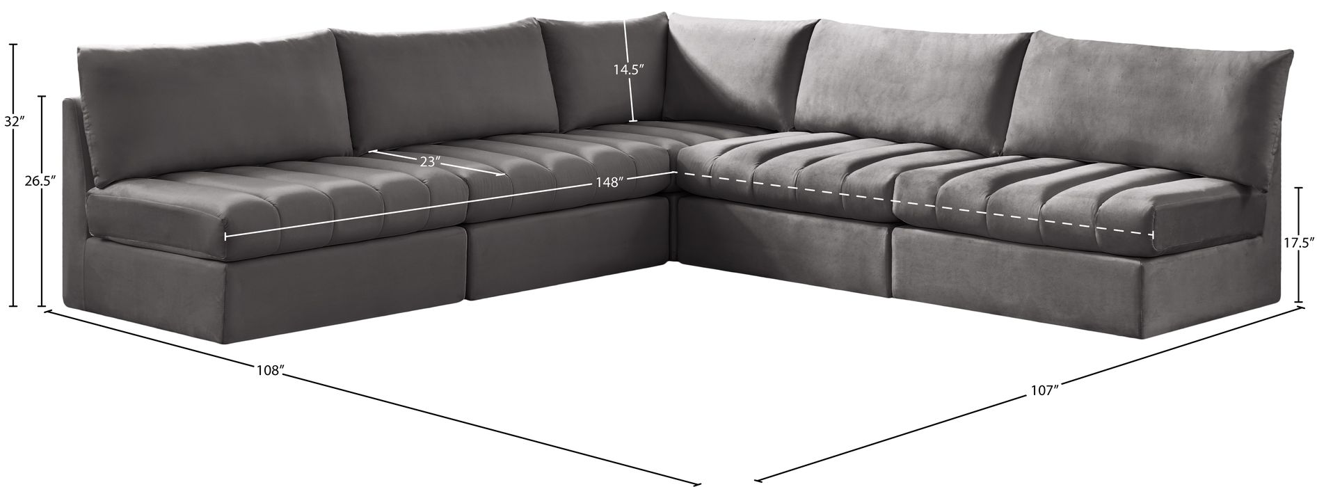 Meridian Furniture - Jacob 107" Grey Velvet Upholstered 5pc. Sectional - 649Grey-Sec5B - GreatFurnitureDeal