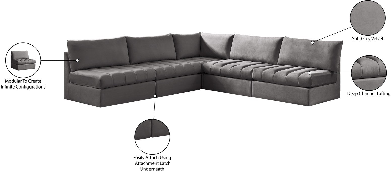 Meridian Furniture - Jacob 107" Grey Velvet Upholstered 5pc. Sectional - 649Grey-Sec5B - GreatFurnitureDeal