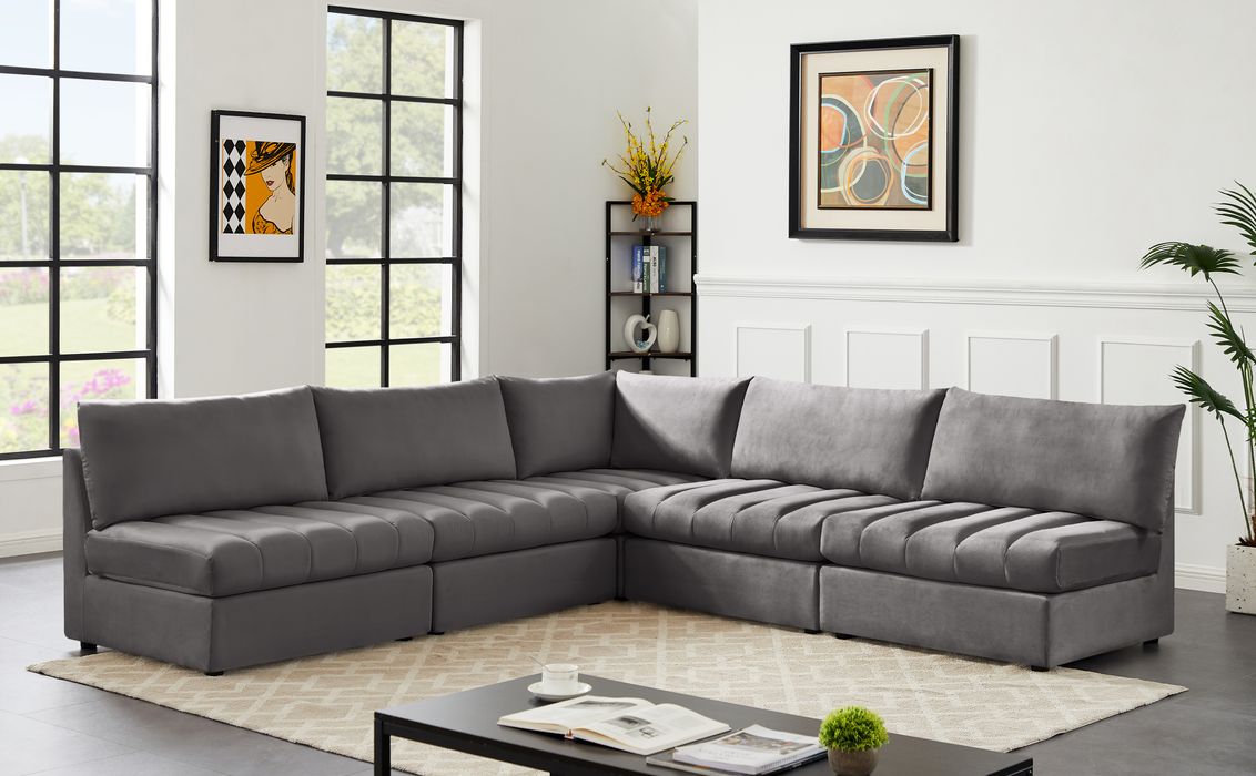 Meridian Furniture - Jacob 107" Grey Velvet Upholstered 5pc. Sectional - 649Grey-Sec5B - GreatFurnitureDeal