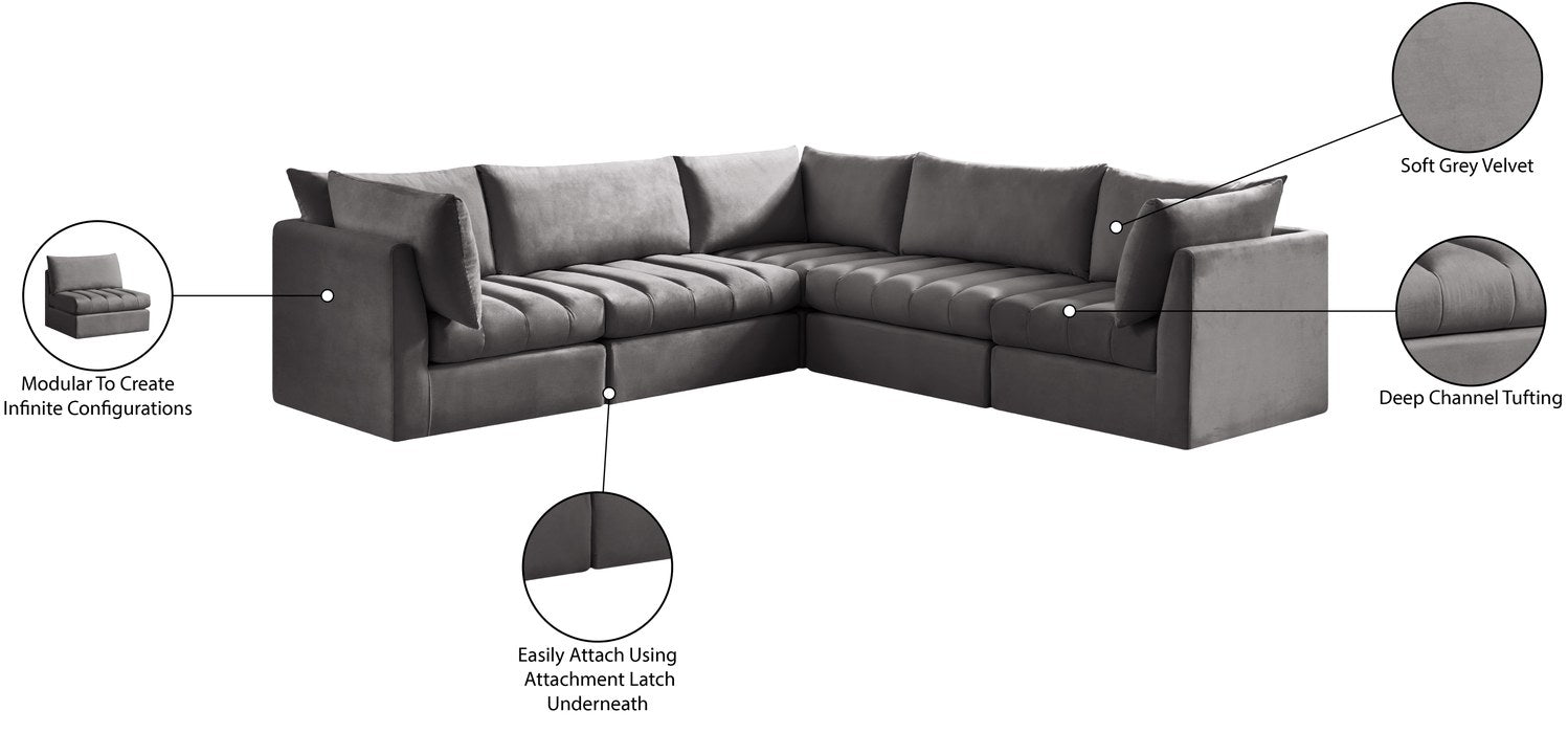Meridian Furniture - Jacob 103" Grey Velvet Upholstered 5pc. Sectional - 649Grey-Sec5C - GreatFurnitureDeal
