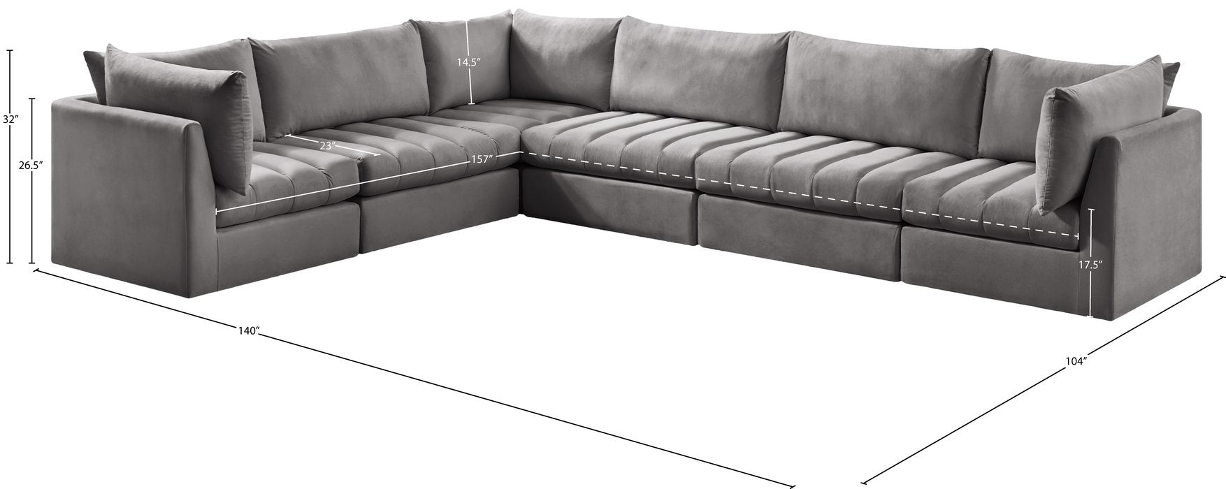 Meridian Furniture - Jacob 140" Grey Velvet Upholstered 6pc. Sectional - 649Grey-Sec6A - GreatFurnitureDeal