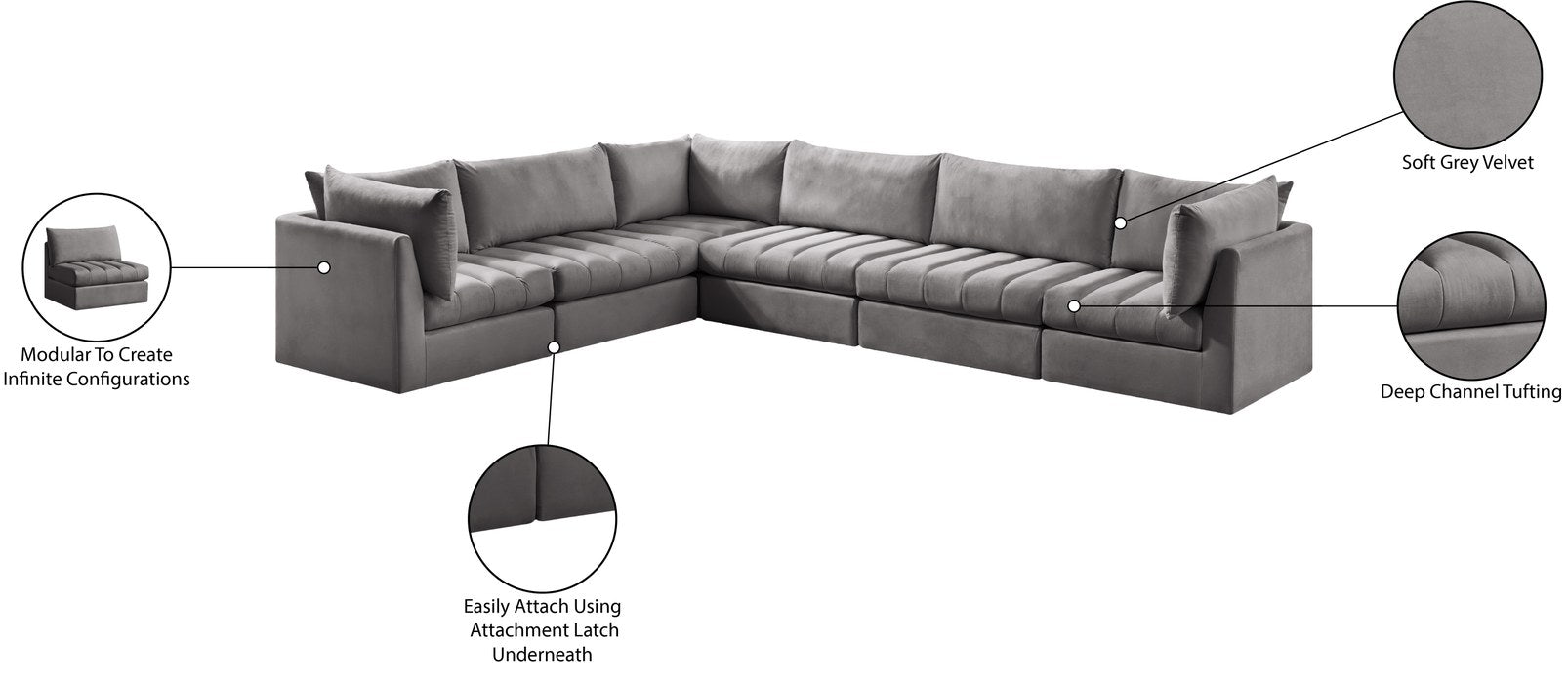 Meridian Furniture - Jacob 140" Grey Velvet Upholstered 6pc. Sectional - 649Grey-Sec6A - GreatFurnitureDeal