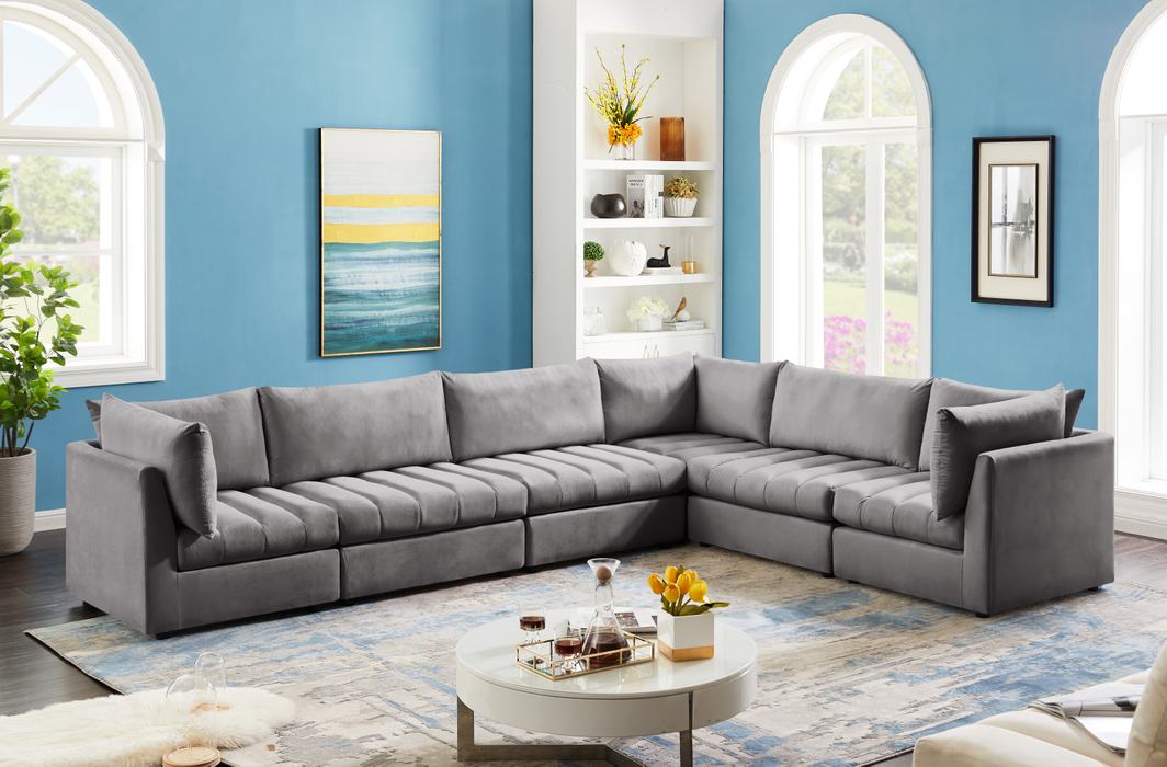 Meridian Furniture - Jacob 140" Grey Velvet Upholstered 6pc. Sectional - 649Grey-Sec6A - GreatFurnitureDeal