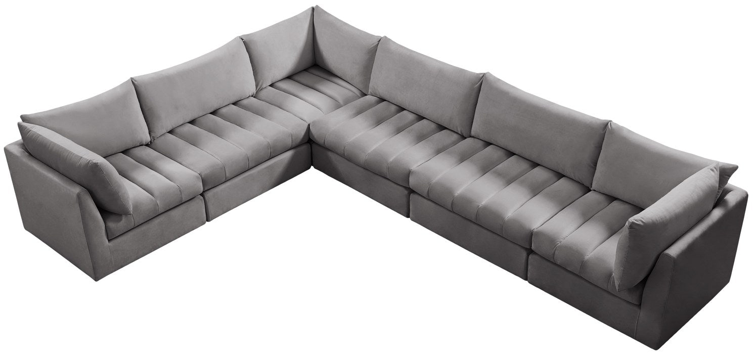 Meridian Furniture - Jacob 140" Grey Velvet Upholstered 6pc. Sectional - 649Grey-Sec6A - GreatFurnitureDeal