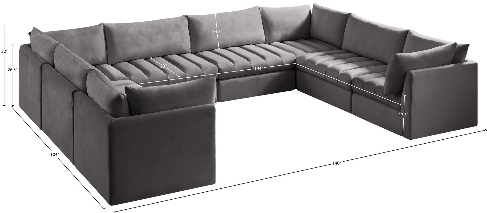 Meridian Furniture - Jacob 140" Grey Velvet Upholstered 8pc. Sectional - 649Grey-Sec8A - GreatFurnitureDeal