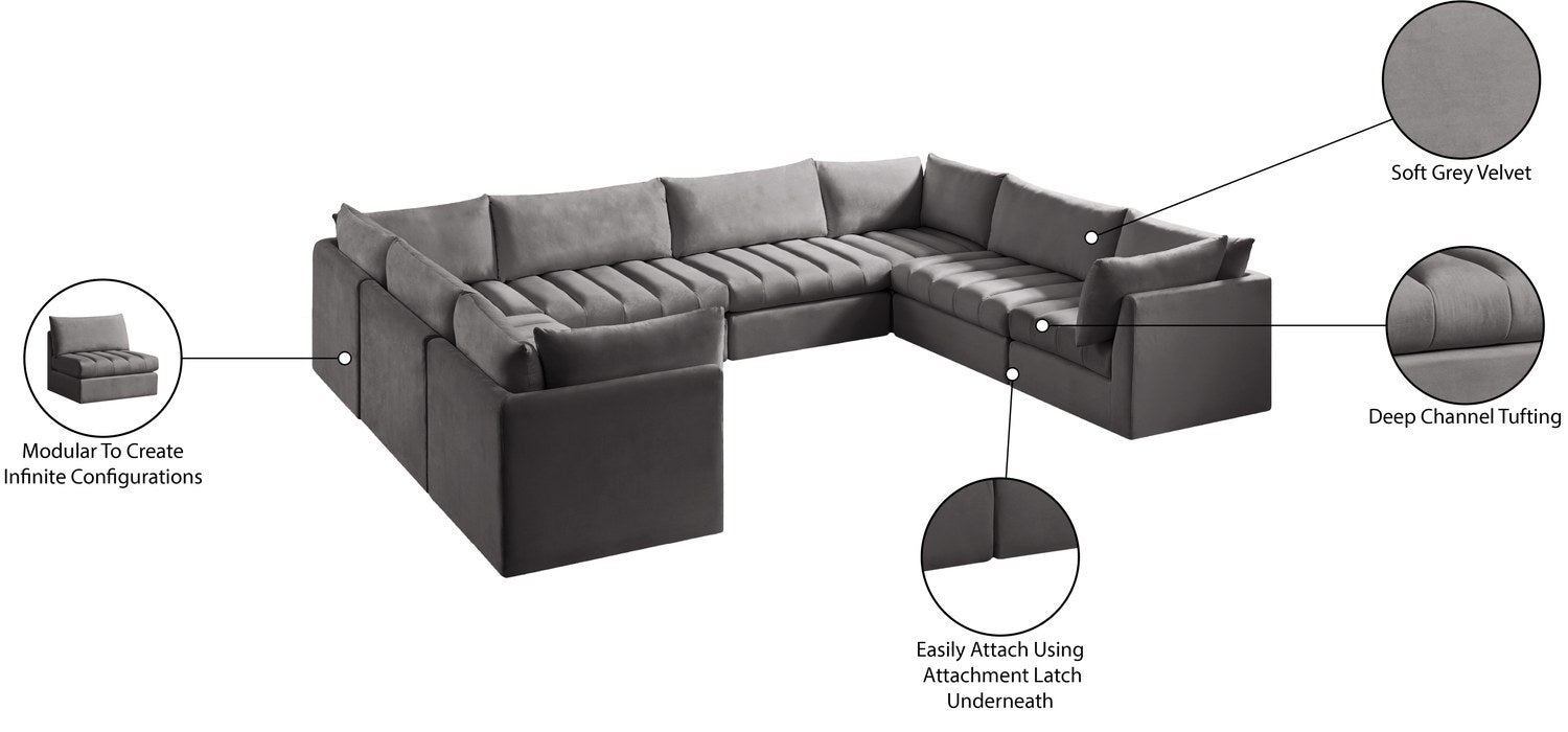 Meridian Furniture - Jacob 140" Grey Velvet Upholstered 8pc. Sectional - 649Grey-Sec8A - GreatFurnitureDeal