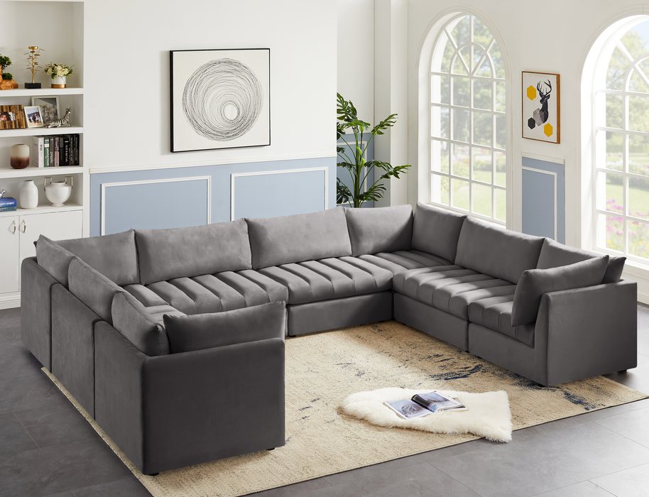 Meridian Furniture - Jacob 140" Grey Velvet Upholstered 8pc. Sectional - 649Grey-Sec8A - GreatFurnitureDeal