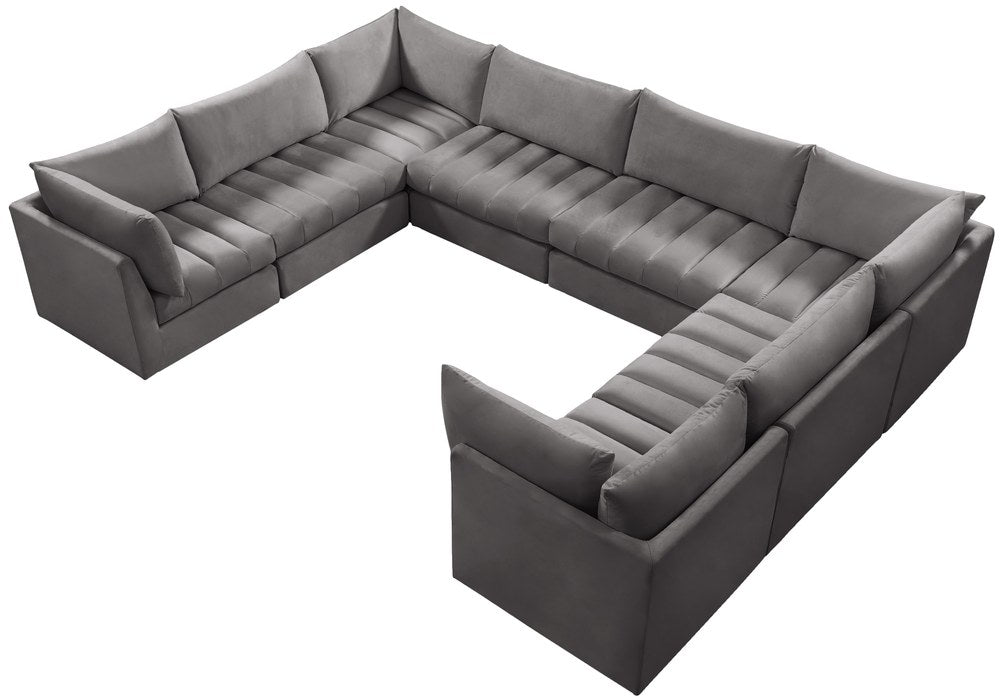 Meridian Furniture - Jacob 140" Grey Velvet Upholstered 8pc. Sectional - 649Grey-Sec8A - GreatFurnitureDeal