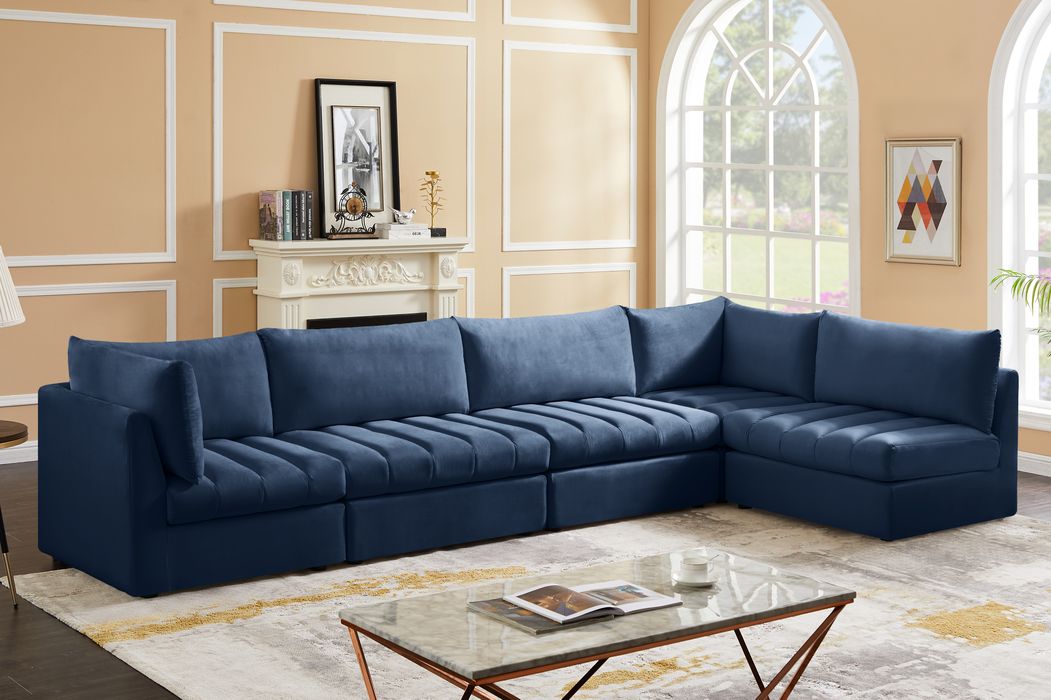 Meridian Furniture - Jacob 140" Navy Velvet Upholstered 5pc. Sectional - 649Navy-Sec5A - GreatFurnitureDeal