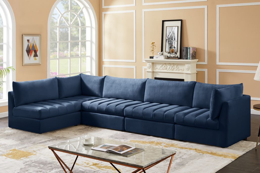 Meridian Furniture - Jacob 140" Navy Velvet Upholstered 5pc. Sectional - 649Navy-Sec5A - GreatFurnitureDeal